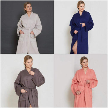 KIMONO WAFFLE BATHROBE 100% COMBED COTTON LIGHTWEIGHT MEN WOMEN DRESSING GOWN