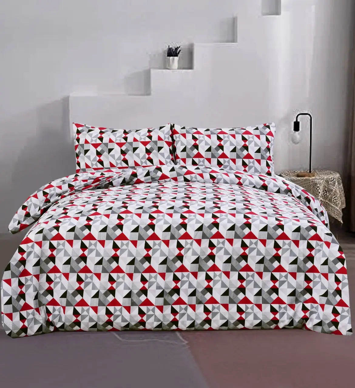 Grey & Red Geometric Duvet Cover Set 