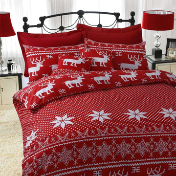 Christmas Print Nordic Red Duvet Cover with Pillow Case Bedding Set