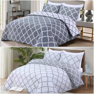 Reversible Geo Print Duvet Cover Bedding Sets with Pillowcases 100% Cotton Double King Sizes Bed and Bath Linen
