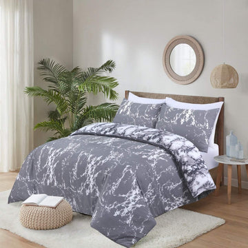 White & Grey Marble Duvet Quilt Cover Reversible Bedding Set 100% Cotton Double King Sizes Bed and Bath Linen